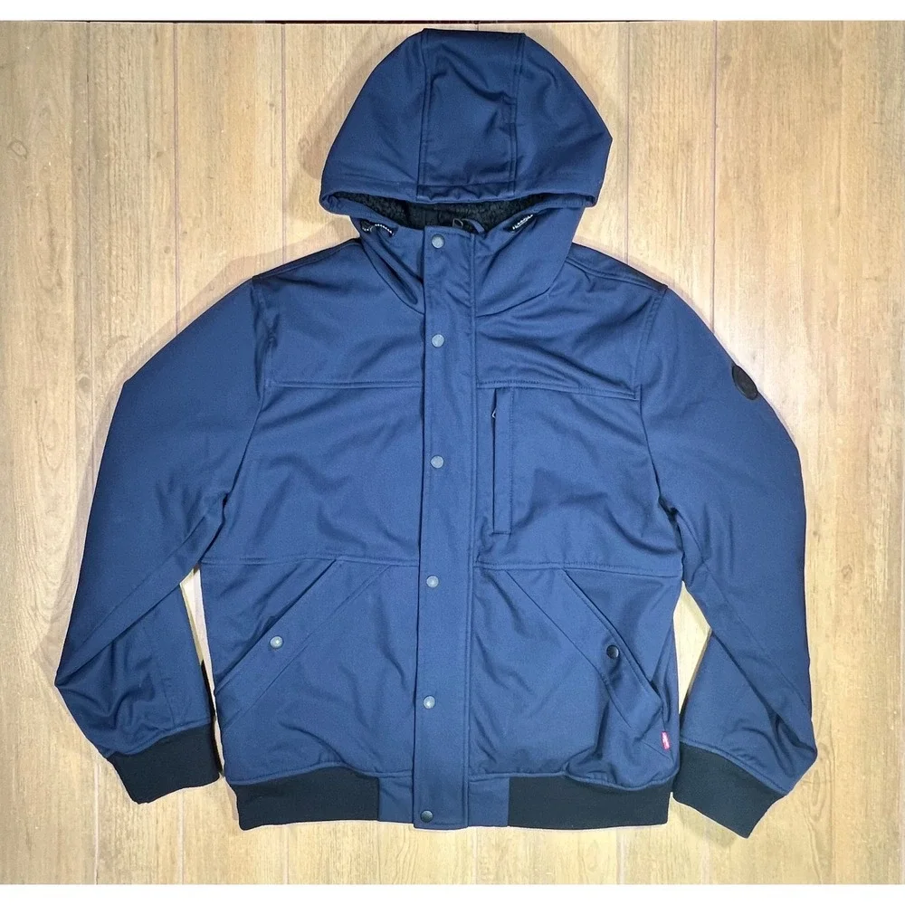 Levi Strauss Mens Navy Blue‎ Sherpa Lined Hooded Softshell Bomber Jacket L